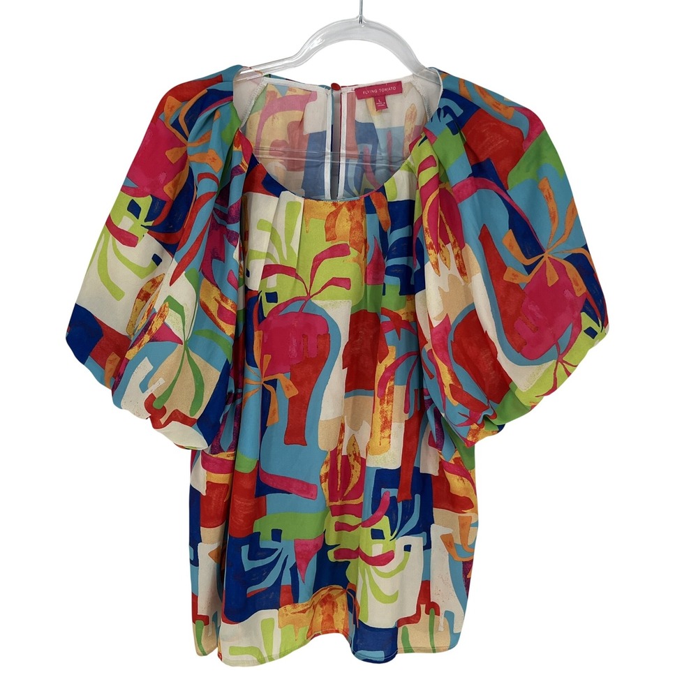 Flying Tomato Abstract Floral Blouse Multicolor Puff Sleeve L Boho Art Top